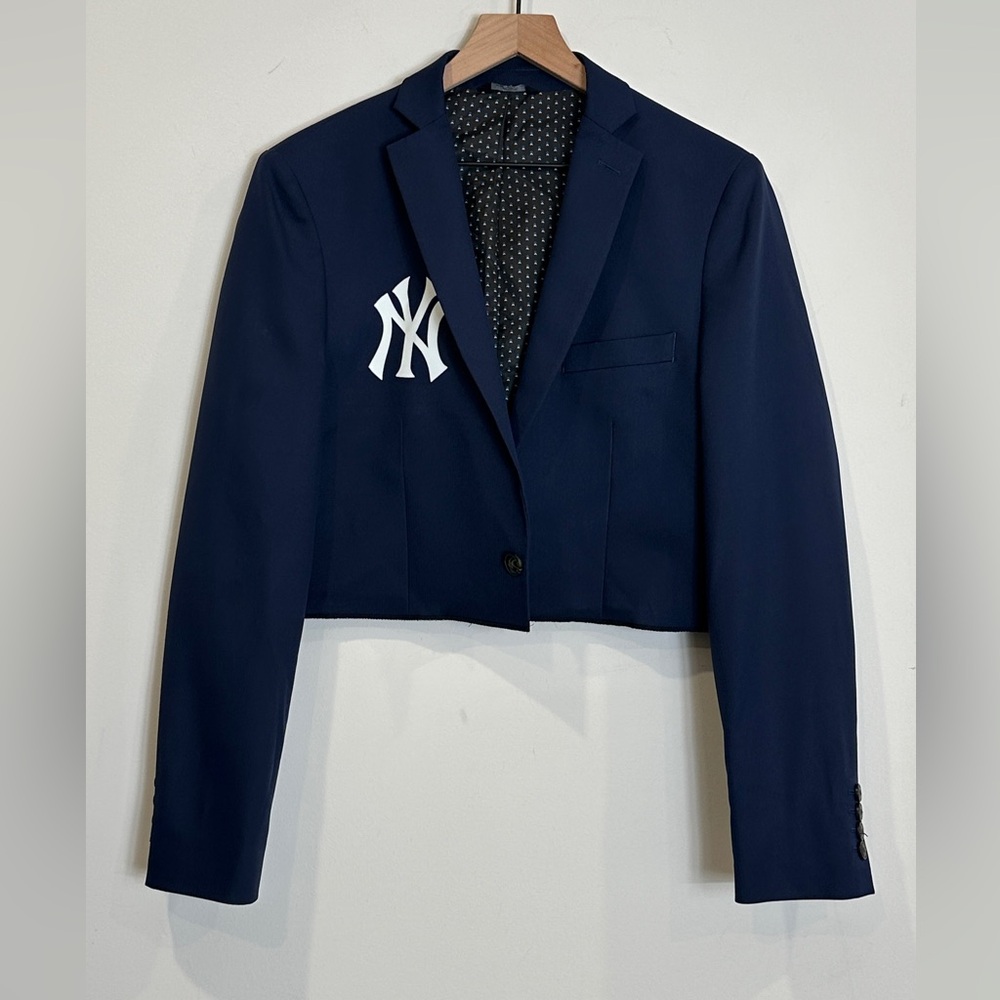 Upcycled Cropped Navy Blue Slim Fit Blazer | OOAK With Novelty Patch